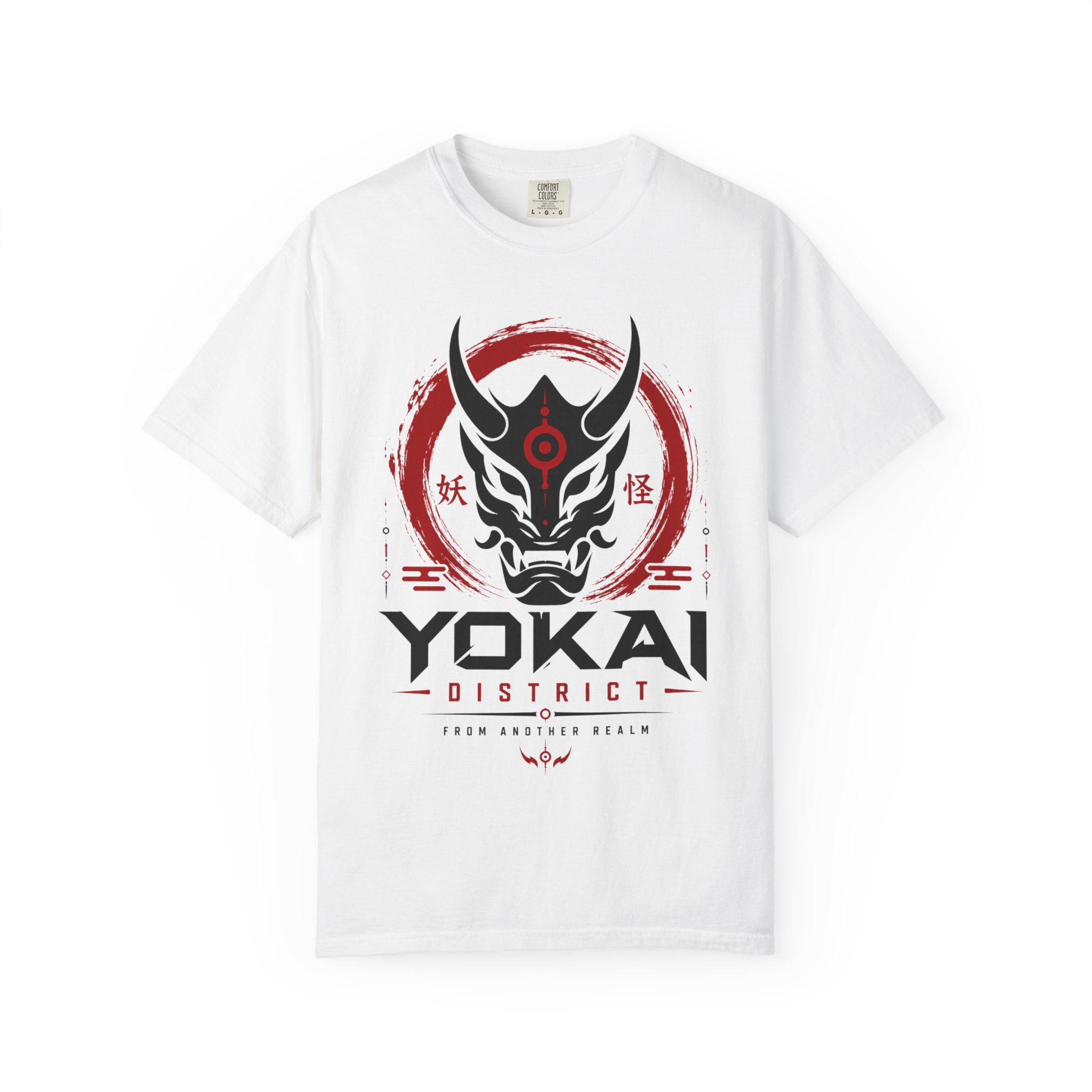 Yokai District logo with demon mask and red brush circle